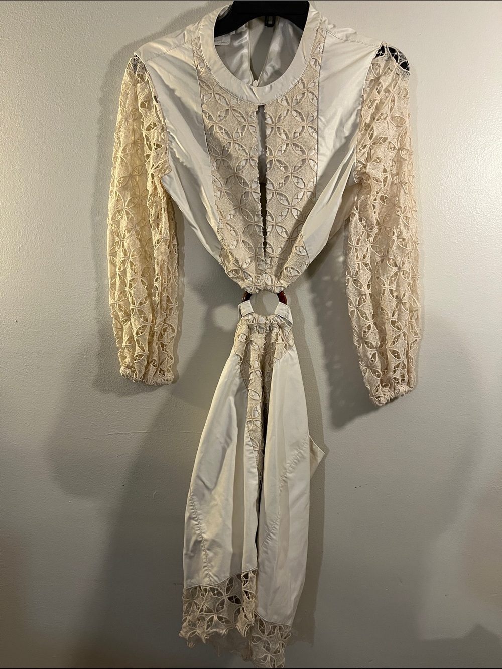 Cream Lace-Panel Long Sleeve Dress with Tied Waist